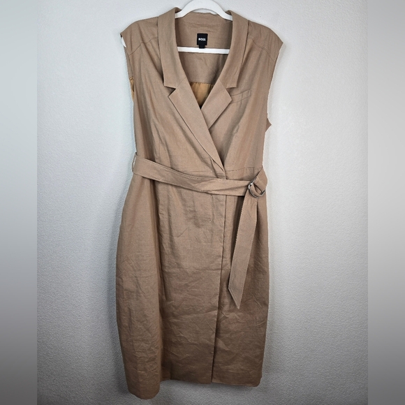 Boss Womens Career Dress Sz 14 Faux Wrap Linen Blend Pockets Lined Beige Belted - Picture 2 of 16
